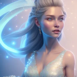 A beautiful portrait of a fairy smiling, facing camera blue color scheme, blue eyes, high key lighting, volumetric light high details with white stripes and lights unreal 5, octane render, cinema4d, dynamic lighting, dramatic lighting, 4k, redshift render, highly detailed, hyper realistic