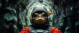 hyper sonic space warp through jungle tunnel crash pilot ,weird experiment gone wrong perspective close up portrait of dj shrimp beaver spider smug snake gringo gremlin pilot looking down on cam, with background in the style of escher and giger, a chill contrapunctus fugue in the style of fsol, beethoven, goa trance breaks, dancefloor drum and bass,