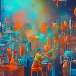 group of scientists is in the laboratory. invent new colors. smoke rises from multi-colored glassware. they are wearing overalls. color swatches in the background. hyperdetailed, orange and teal, warm colors, detailed painting, digital illustration, oil on canvas, light dust, futuristic.