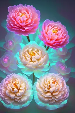 glowing peonies with bioluminescence. petals are transparent, translucent, opalescent highly detailed digital painting elegant 4k very attractive award winning fantastic view 4K 3D crisp quality Unreal Engine