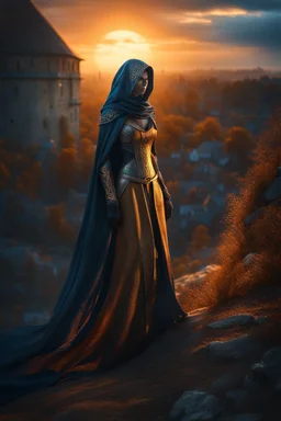 The horrifying female Shadow of Death. frightening. Horror. standing at a hill watching a medieval city. fantasy art, blue and orange, gold, silver, copper,Cinematic lighting, Volumetric lighting, Epic composition, Photorealism, Very high detail, Sony Alpha α7, ISO1900, Character design, Unreal Engine, Octane render, HDR, Subsurface scattering