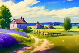 Sunny day, clouds, little lake at right, grass, houses, purple flowers, dirt road, trees, distant mountains, distant trees, photography