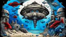 illustration form an ancient spaceship's ruins deep under the sea in sand, dark deep colors, nearby swimming weird metallic fishes and black fishes with red eyes, little light pale colors jellyfishes and an giant dark blue and gray steampunk cet in the background , Ink wash style, pale lighting, high detailed, movie poster, ink wash art with very fine drawing, and blue ink, unique mood, masterpiece