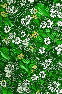 west African , white outline wax, batik flowers, green leaves