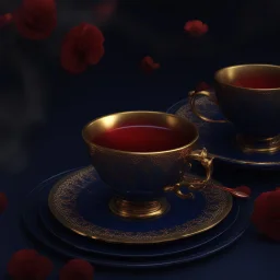 A midnight blue teacup with a gold rim and small red florets on a plate. Illustrative art, art interpretation, concept art, cgsociety contest winner, seasonal art, seasonal art HD, 4k, 8k, intricate, detailed, intricately detailed, luminous, translucent fantasy crystal, holographic data, soft body, shadow play, light, fog, atmospheric, cinematic, light film, hyper-detailed, hyper-realistic, masterpiece, atmospheric, high resolution, 8k, HDR, 500px, mysterious and artistic digital art, phototic,