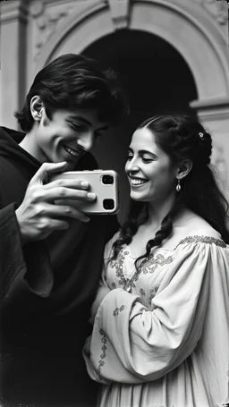 An old picture style of black and white mono very bad quality looks very old camera picture of Romeo and Juliet looking at iPhone of Juliet and both are laughing year 1140