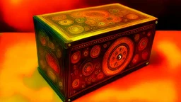 John Harris Style page, ((masterpiece, best quality)), full color, full color, dark serious 1980s steampunk puzzle box, magic, watercolor,