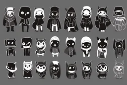 6 simple shaped hand drawn cartoon characters that are cute dark and have hoodies