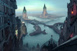 Quebec city+Livorno canal+bridges+corner building on hill++Gothic Metropolis +BioShock+Dishonored+Bloodborne +trieste+Edinburgh+Chicago+victorian London+decòpunk Skyscraper+ +steampunk+biopunk+alphonse mucha, greg rutkowski,matte painting, cryengine, hyper detailed, felix kelly, fantasy art, seb mckinnon