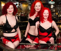 a photograph two red hair women in black and red lingerie on a bar