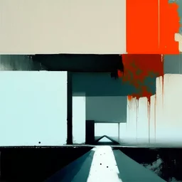 A desolate concrete road with steps to a bridge. In the style of Justin Mortimer and Phil Hale. Minimalist contemporary painting with rough brushstrokes.