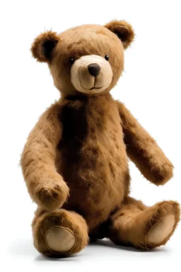 light brown teddy bear. standing up. looking up to the right. white background.