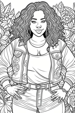 black curvy woman wearing jeans, eyes front camera coloring page floral background