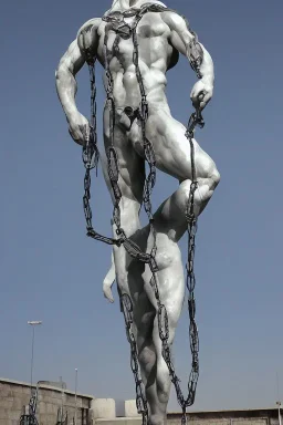 ، chain wraps around the Greek statue of man who struggling , neon light , future classic style, unreal engine , fuul body statue