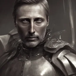 old Mads Mikkelsen in armor by greg rutkowskiб close up film photo, unreal engine, octane render, trending on artstation, highly detailed, studio lighting, professional, professional ominous concept art, by artgerm and greg rutkowski, an intricate, elegant, highly detailed digital painting, concept art, smooth, sharp focus, illustration, in the style of simon stalenhag, wayne barlowe, and igor kieryluk.