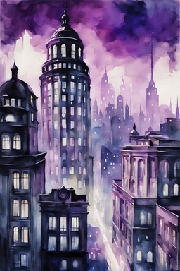 Masterpiece painting, Rapture city from Bioshock, watercolor style, 1960 aesthetic style, Professional Quality watercolor painting, Only Two Colors Purple And White, duotone only.