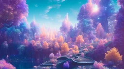 crystal cosmic and galactic ambiance hill sky stairs sunset trees pools river surreal, full of details, smooth, bright sunshine，soft light atmosphere, light effect，vaporwave colorful, concept art, smooth, extremely sharp detail, finely tuned detail, ultra high definition, 8 k, unreal engine 5, ultra sharp focus