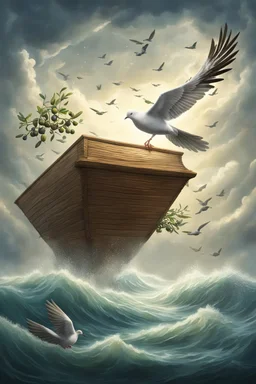 The flood, the Ark floats in the open sea, a dove flies in the sky with an olive branch in its beak
