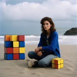[photo by Kevin Eastman and Peter Laird] focused April O'Neil, 24-years-old solving a Rubik's , sitting leaning against three giant rubik's cubes, the overcast sky and beach in the background, vibrant 1990's movie