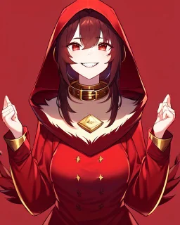 Smiling, girl with red clothes and a long Red blouse with a hood like that with fur on it, red eyes, has a personality evil, her teeth are sharp and one of them is gold, the one in the top left corner, Wears a collar with thorns around her neck, she is always irritated, dark red background