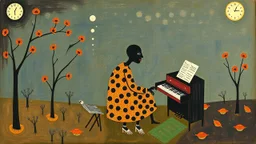 Lonely pianist, folk art surreal; mid-20th century naive art, abstract,