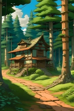 Ghibli style a small fairytale japanese country cottage at the end of a dirt road, surrounded by very tall pine trees