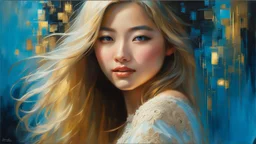 In Casey Baugh's evocative style, art of a gorgeous young smiling asian girl with long blonde hair, blue eyebeautiful breast, and ass, futuristic, lace, elegant, highly detailed, majestic, Baugh's brushwork infuses the painting with a unique combination of realism and abstraction, greg rutkowski, surreal gold filigree, broken glass, (masterpiece, sidelighting, finely detailed beautiful eyes: 1.2), hdr, realistic painting, natural skin, textured skin, closed mouth, crystal eyes, butterfly filigre