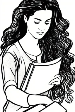 Pencil sketch of Young woman, Arab features,sad, long wavy hair, reading a book, full body، on lined paper