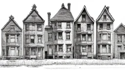 A technical front view pencil drawing of a row of neglected tall, narrow fantasy houses of different heights.