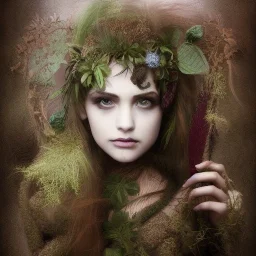 Portrait of beautiful girl, plant, metal, feathers, Dryad, fae, sidhe, ominous, nature, plants, wildflower, facepaint, dnd character portrait, intricate, oil on canvas, masterpiece, expert, insanely detailed, 4k resolution, retroanime style, cute big circular reflective eyes, cinematic smooth, intricate detail , soft smooth lighting, soft pastel colors, painted Renaissance style, 800mm lens