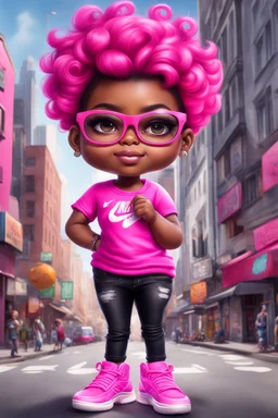create an airbrush illustration of a chibi cartoon voluptuous black female. Wearing a hot pink t-shirt and tight black jeans with hot pink Nike sneakers. Prominent make up with hazel eyes and she is wearing pink glasses. Extremely Highly detail of a very low platinum shiny pixie haircut. Background of a busy city street.