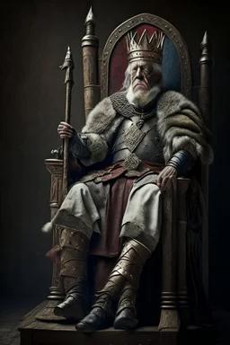 70 years old medival soldier on a throne