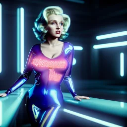 Realistic movie image, retro sci-fi, portrait, blonde action woman, sweet Marylin Monroe face, perfect iris, glow eyes. tight latex tights suit. City, metropolis movie style . epic style, vibrant color, highly detailed, unreal engine 5, ray tracing, RTX, lumen lighting, ultra detail, volumetric lighting, 3d, finely drawn, high definition, high resolution.