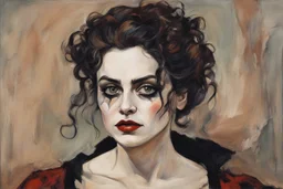 Painting of Helena Bonham Carter as a Goth vampire girl, in the Expressionist style of Egon Schiele, Oskar Kokoschka, and Franz Marc, in muted natural colors