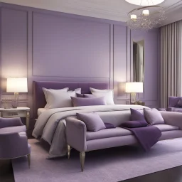 hotel bedroom master, modern classic style, lavender colors, 3d