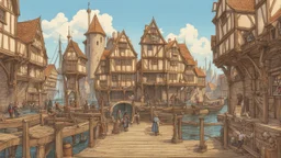 gothic medieval wooden harbour with piers and ships, people, shops, bridges, arches, balconies, taverns, blue sky