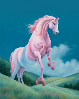 a pink horse in hills like a 19th painting