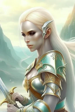 pretty woman, warrior, elf, blonde, fantasy, Skyrim, sword, gentle, maternal, caring