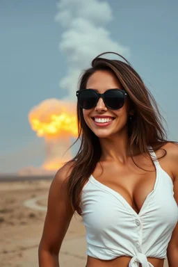 an attractive woman leaning forward(cropped from between nose and hips, cleavage, grinning, wearing sunglasses, nuclear explosion in background