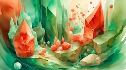 watercolor painting, Beyond the fractured cube, the parabaloid curve is surrounded by a series of sharp spheres, with sparks of ghostly light illuminating the jagged ice formations in the background., sophisticated muted-green color scheme, redscale, red light leaks, warm, bright sunlight, creative, detailed brush stroke, minimal spalsh