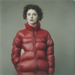 French singer Barbara,red, autochrome, plastic puffy jacket