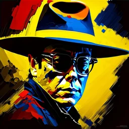 (Without glasses : 1.5) Gustavo Petro, comic style artwork, dark yellow, black, red and blue, with wide-brimmed hat, with white shirt, calm,