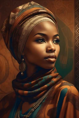 Produce an artistic image showcasing a woman wearing a vintage-style hijab, inspired by African culture. Utilize AI to enhance details, colors, and lighting for an ideal result.