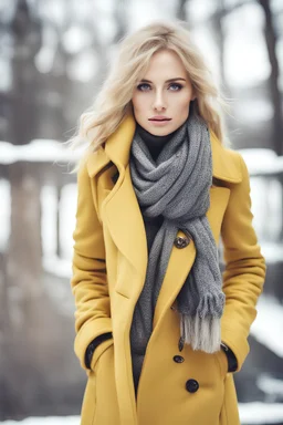 Fashion portrait of beautiful blonde woman in yellow coat and scarf. Beauty winter fashion. Advertisement concept