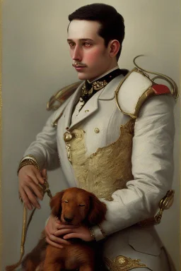 Make me a oil portrait of a very rich person that is 27 Years old from 1920 with a dog