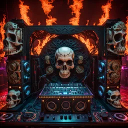 DJ of the damnded, insanely detailed DJ booth in hell, MID set, speakers and equipment made of bone, anatomically correct, add more skulls in th audience, photorealism, vray, 8k 3d, woofers in all empty eye sockets of stage equipment, wide angle, telephoto, from audience, all multicolored skulls,