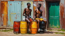 minimalist acrylic impasto painting of two skinny tall black Somali neighbors sitting on rusty oil barrels drinking steaming coffee, wide angle, dusty heat, tribal vibe, amazing verticals, great parallels, warm shades of yellow, orange, green and black with sparse deep red leaks, afrofuturism, rusty village decay, arafed doors