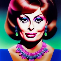 portrait in oil of young busty beautiful SOPHIA LOREN, purpurin, minimal skintight latex pink dress, gradient color, BLUE, PINK, CYAN, neon, insanely detailed,insanely realistic skin,intrincate detail, 16k resolution,with big crystal clear green eyes looking to viewer, with ruby necklace by Adam hughes 16k