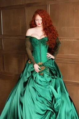 Busty princess full body with long auburn hair green eyes wearing a big dark teal green and gold satin ballgown corset off shoulder top at night