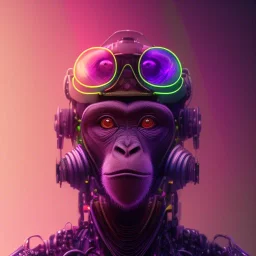 A beautiful portrait of a cyborg monkey purple neon color scheme, high key lighting, volumetric light high details psychedelic background